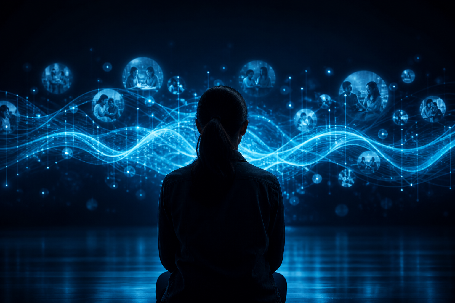 Person facing a field of luminous AI pathways in a navy studio